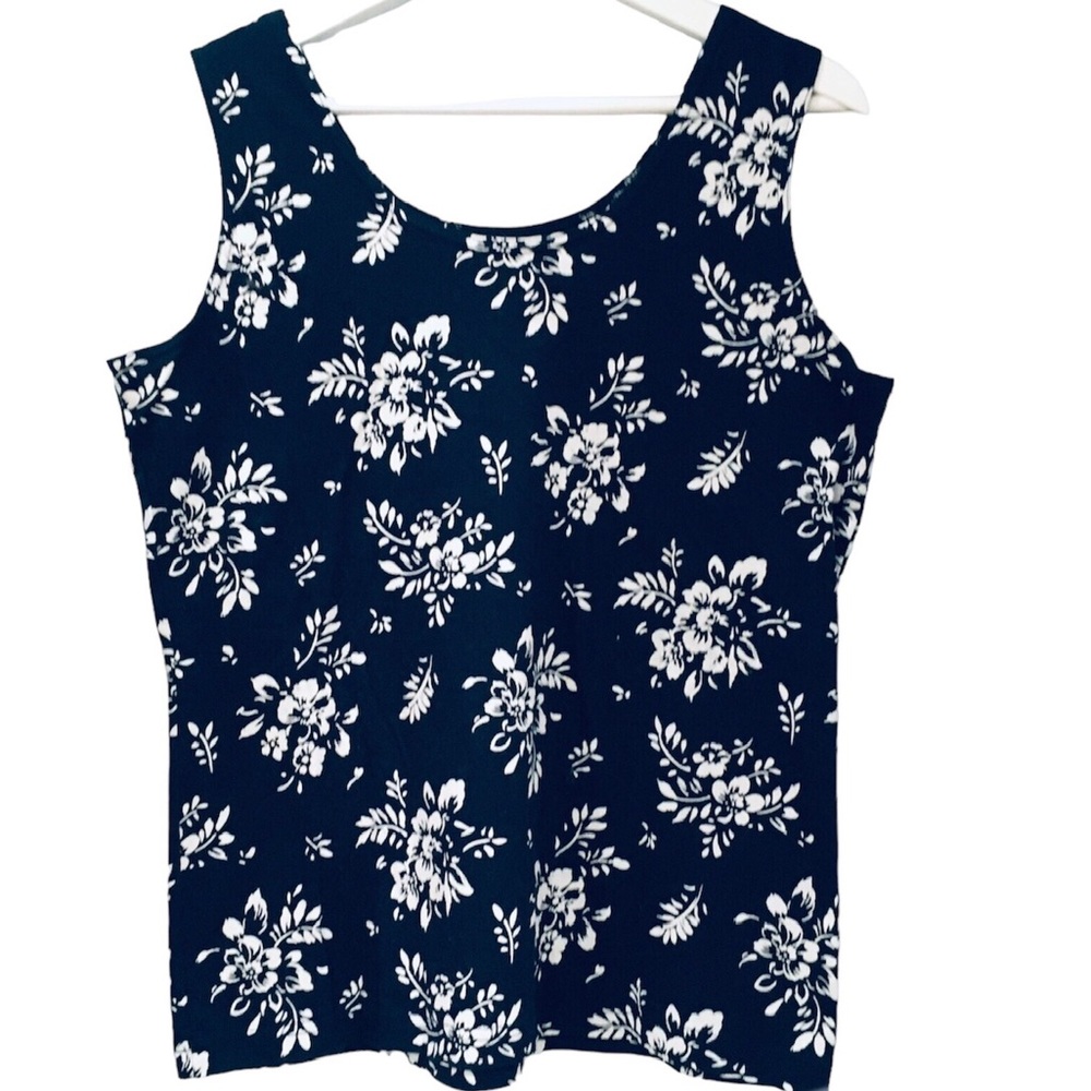 Lands’End Cotton Floral Dark Blue Summer Casual Tank Top M Regular